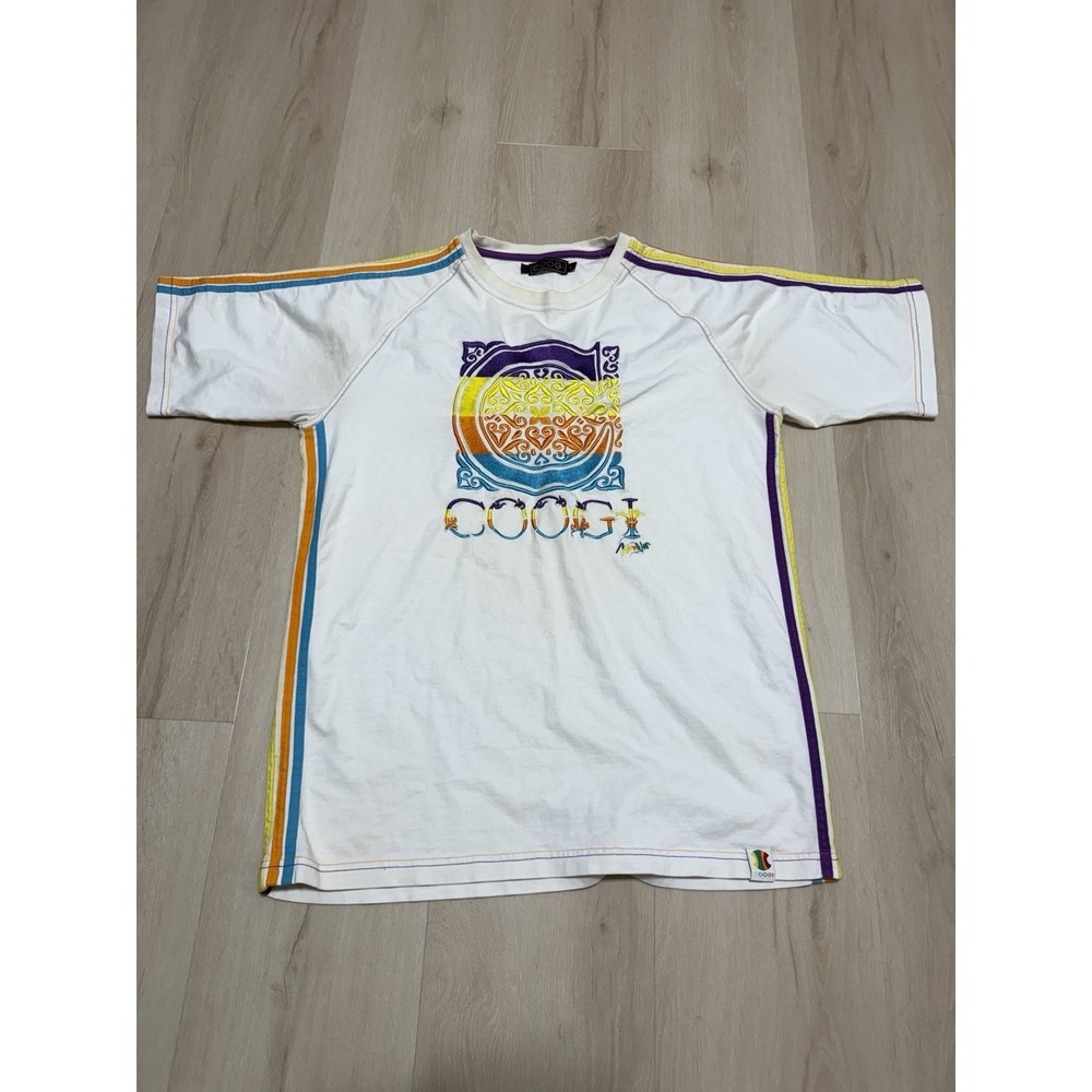 Vintage COOGI Embroidered Graphic Men's L T-Shirt White Multicolor Logo Hip Hop